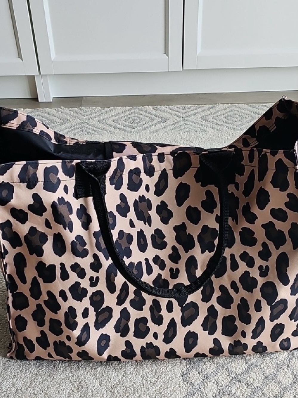 Leopard Print Tote Bag in Beige and Black with Black Handles